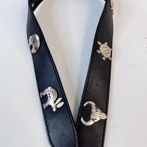 90s Vintage Silver Creek Western Black Leather Belt Silver Tribal Animals USA